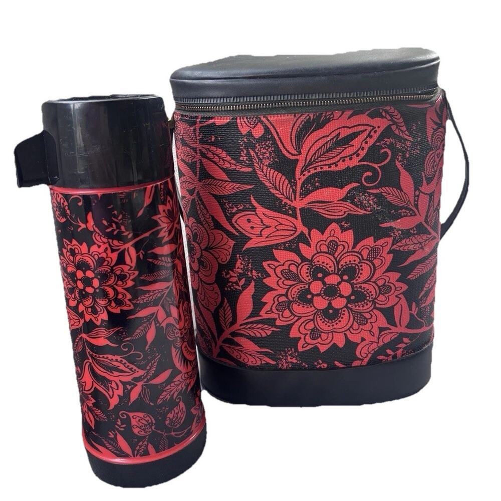 Vintage Aladdin Thermos Vinyl Bag Red Floral Rose Flowers - Picture 2 of 9